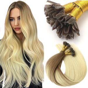 K-Tip Human Hair Extensions Straight Lt Brown to Blonde Ombre 16” 40g NWT